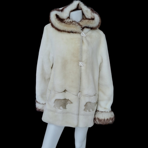 Vintage Penmans faux fur womens coat with hood, off white, Medium,bears pattern - Picture 3 of 16